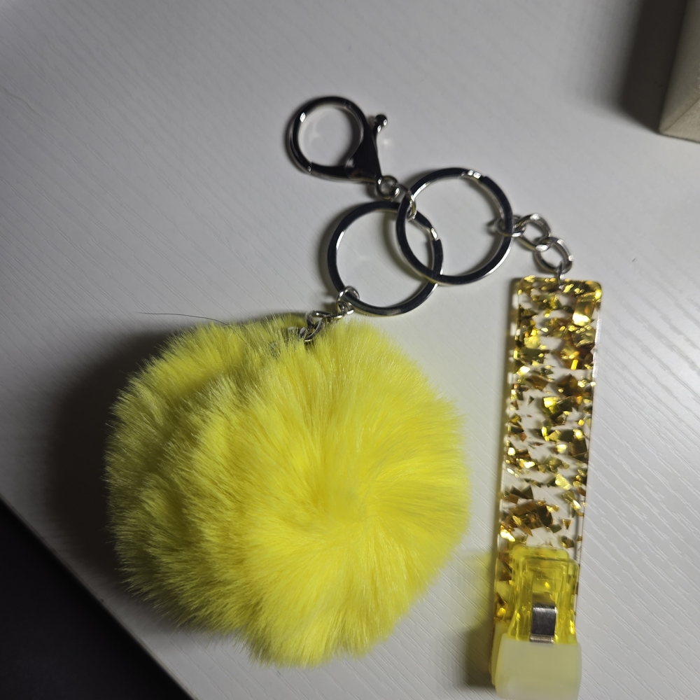Yellow Fluffy Bag Charm Keychain with Gold Accents